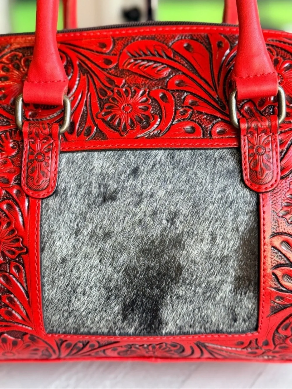 Genuine Leather Cowhide Western SpeedyPurse Tooled Floral Red Satchel Bag Medium